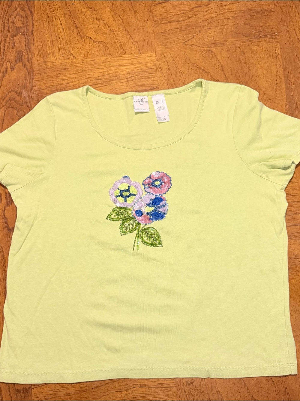 Emma James Lime Green Short Sleeve Tee with Embroidered Floral Bouquet